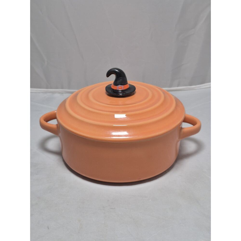 💥 Stoneware Baking Dish Halloween Witch Hat Handle Lid Orange Soup Casserole